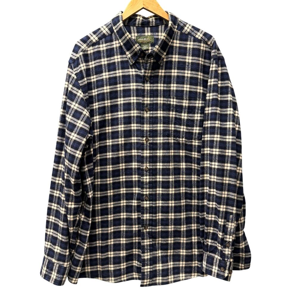 Eddie Bauer Flannel Shirt Mens‎ 2XL XXL Blue Cream Plaid Cotton Button Down